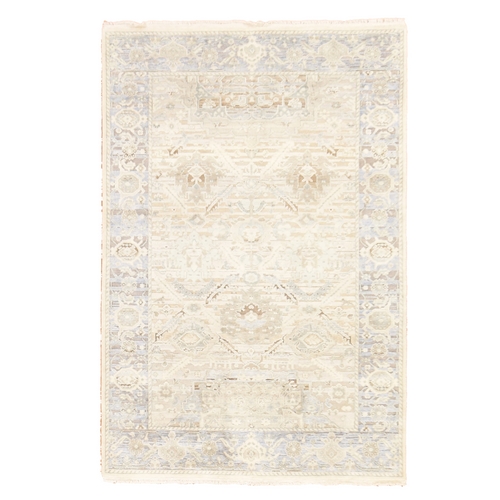 Alabaster White, Oushak with Geometric Motif, Hand Knotted, Pure Silk and Textured Wool, Oriental 