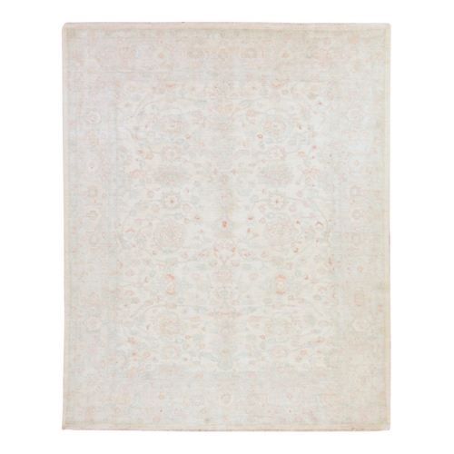 Bone White, Washed Out Peshawar with All Over Design, Hand Knotted, 100% Wool, Oriental 