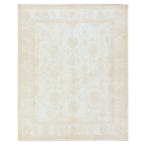 Pristine White, Washed Out Peshawar with Ziegler Mahal Design, Pure Wool, Hand Knotted, Oriental 