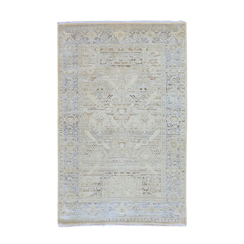 Swan White, Oushak with Geometric Motif, Hand Knotted, Pure Silk and Textured Wool, Oriental 