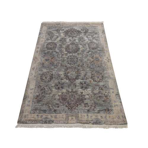 Lavender Gray, Mughal Design, Hand Knotted, Pure Silk with Textured Wool, Oriental 