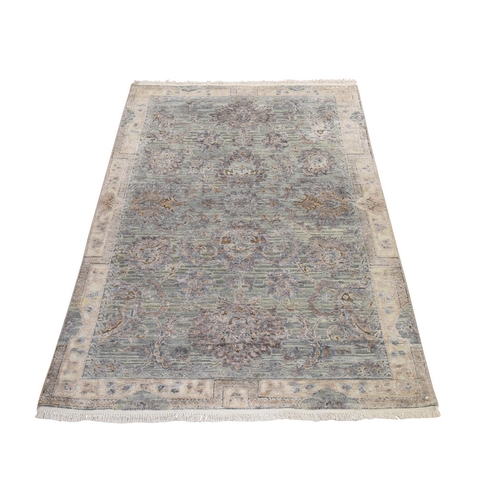 Gray-Green, Mughal Design, Silk with Textured Wool, Hand Knotted, Oriental 