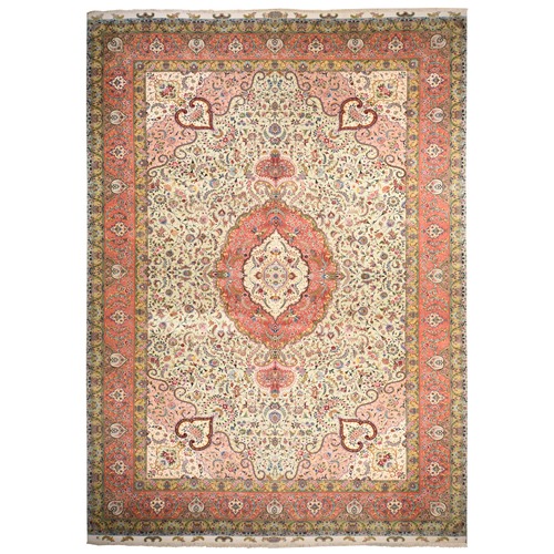 Chiffon White, New Persian Tabriz, Silk Foundation, Wool and Silk Pile, 400 KPSI, Mansion Size Masterpiece, Hand Knotted, XL, Oriental 