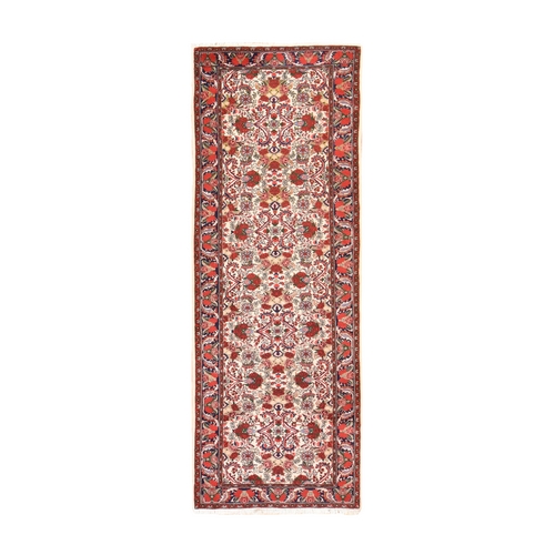 Swan White, Vintage Persian Bijar, Flower Design, Pure Wool, Hand Knotted, Thick and Plush, Good Condition, Clean, Wide Runner, Oriental 