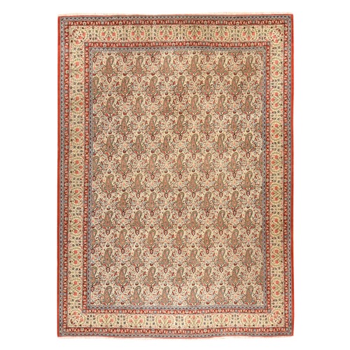 Alabaster White, Vintage Persian Ghom with Paisley, Boteh Design, 100% Wool, Hand Knotted, Good Condition and Clean, Oriental 