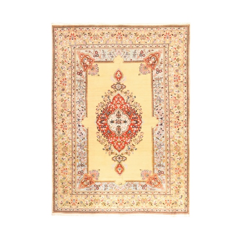 Parmesan Yellow, Vintage Persian Tabriz Taba Tabai, Medallion Design, Full Pile, Clean and in an Excellent Condition, Hand Knotted, 100% Wool, Oriental 
