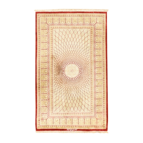 Beige-Red, Pure Silk, New Persian Qum with Goombad Design, Signed, 600 KPSI, Hand Knotted, Mat, Oriental 