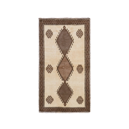 Alabaster White, New Persian Shiraz with Geometric Medallion, Undyed Natural Wool, Hand Knotted, Oriental 