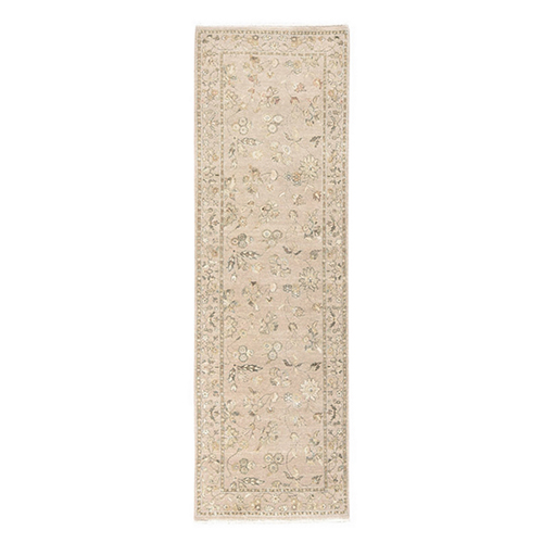 Warm Taupe, Wool and Silk, Rajasthan, All Over Design, Hand Knotted, Runner, Oriental 