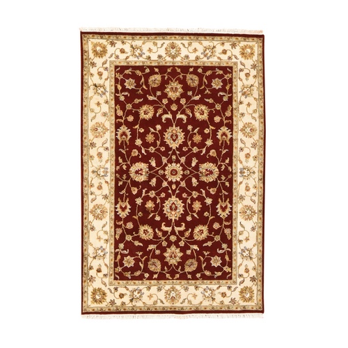 Wine Red, Thick and Plush, Rajasthan with All Over Leaf Design, Hand Knotted, Wool and Silk, Soft Pile, Oriental Wine Red, Thick and Plush, Rajasthan with All Over Leaf Design, Hand Knotted, Wool and Silk, Soft Pile, Oriental