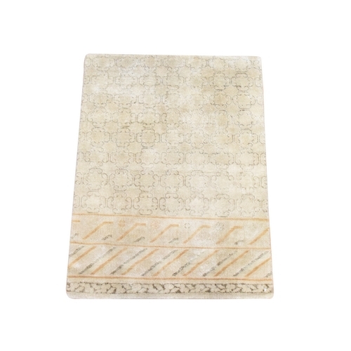 Oyster White, Khotan Design, Silk, Hand Knotted, Sample, Mat, Oriental 