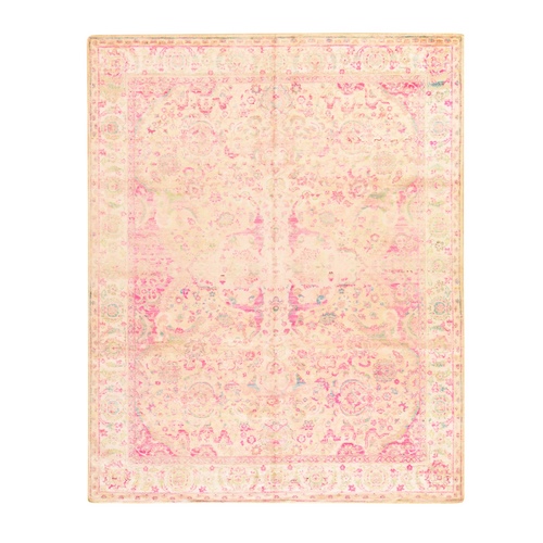 Pastel Pink, Pure Silk with All Over Amritsar Design, Distinct Abrash, Shaved Low and Distressed, Hand Knotted, Oriental 