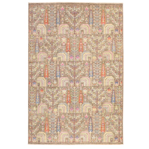 Dune Brown with Pop of Color, Willow and Cypress Tree Design, Hand Knotted, 100% Wool, Oriental 