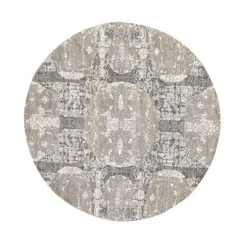 Pastel Gray, Jewellery Design, Wool and Pure Silk, Hand Knotted, Round, Oriental Rug