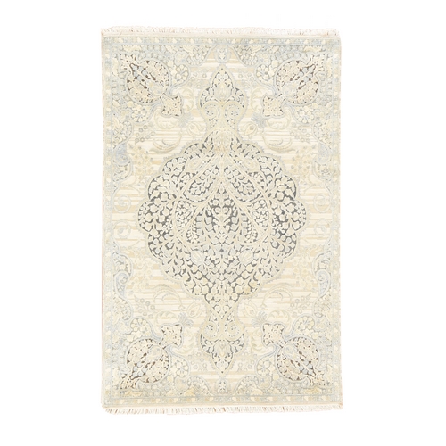 Beige, Tree of Life Meditation Design, Pure Silk, Hand Knotted, Oriental Beige, Tree of Life Meditation Design, Pure Silk, Hand Knotted, Oriental