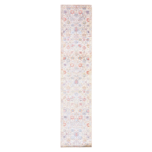Lace White, Tabriz Flower and Vase Design, Hand Knotted, Silk with Textured Wool, Plush and Lush, Runner, Oriental 
