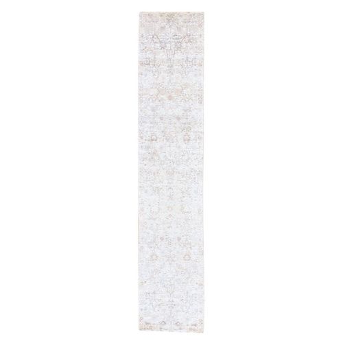 Whisper White, Silk with Textured Wool, Tabriz Design, Hand Knotted, Runner, Oriental 