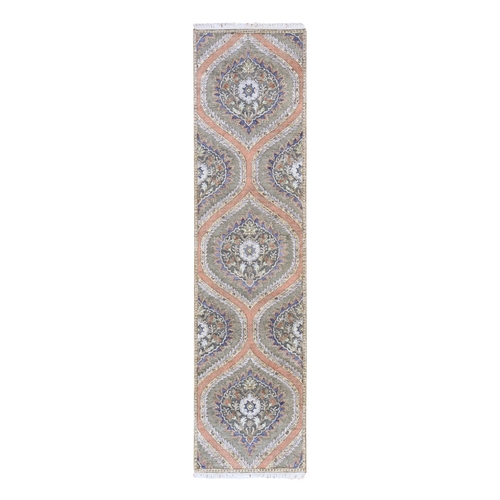 Pastel Gray, Real Silk with Textured Wool, Mughal Design, Hand Knotted, Runner, Oriental 
