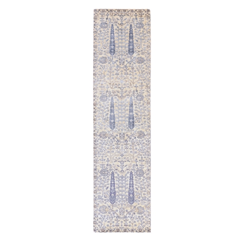 Ivory with Purple, Willow and Cypress Tree Design, Silk with Textured Wool, Hand Knotted, Runner, Oriental 