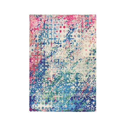 Ivory with Blue, Colorful, THE PEACOCK, Sari Silk, Soft and Shiny, Hand Knotted, Oriental 