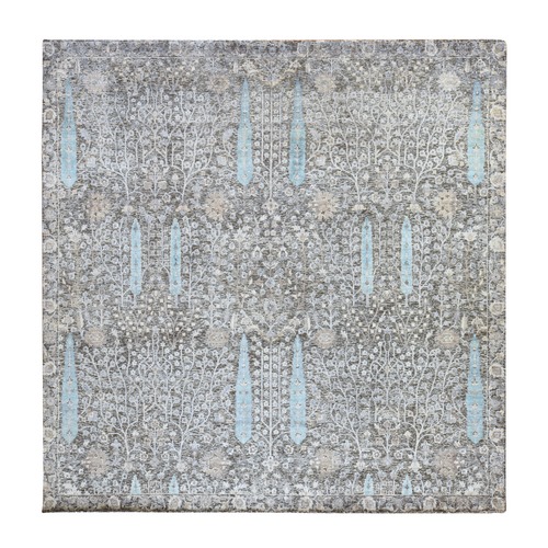 Charcoal Black, Cypress Tree Design, Silk, Hand Knotted, Denser Weave, Soft Pile, Square, Oriental 