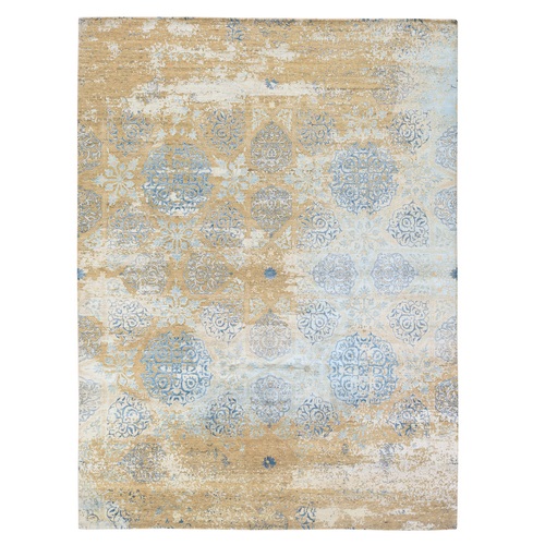 Light Blue, Snowflake Design, Silk with Textured Wool, Hand Knotted, Denser Weave, Oriental 
