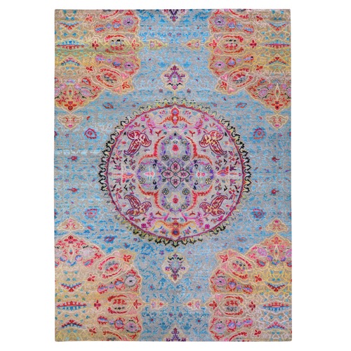 Bayern Blue, Colorful Maharaja Design, Hand Knotted, Sari Silk and Textured Wool, Oriental 
