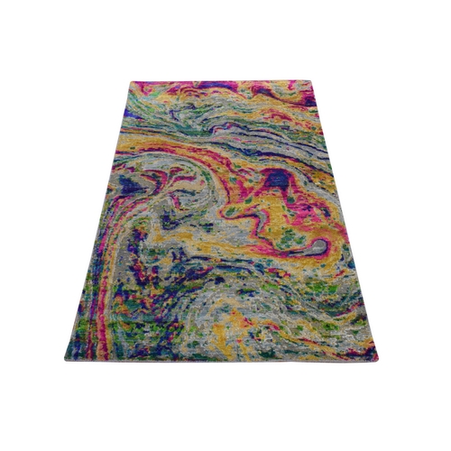 Colorful, THE LAVA DESIGN, Sari Silk with Textured Wool, Hand Knotted, Oriental Rug