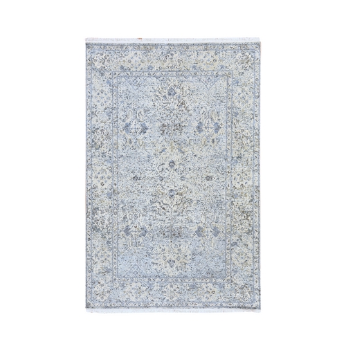 Ivory and Blue, Oushak Design, Distressed, Pure Silk with Textured Wool, Hand Knotted, Oriental 