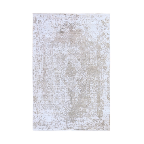 Ash Gray, Broken and Erased Persian Design, Tone on Tone, Wool and Pure Silk, Hand Knotted, Oriental 
