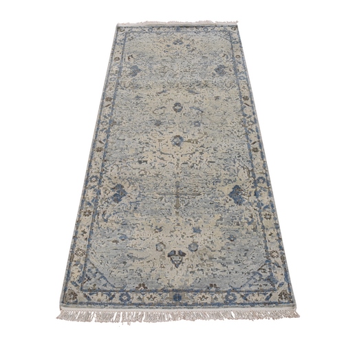 Ivory and Blue, Oushak Design, Distressed, Hand Knotted, Pure Silk with Textured Wool, Runner, Oriental 