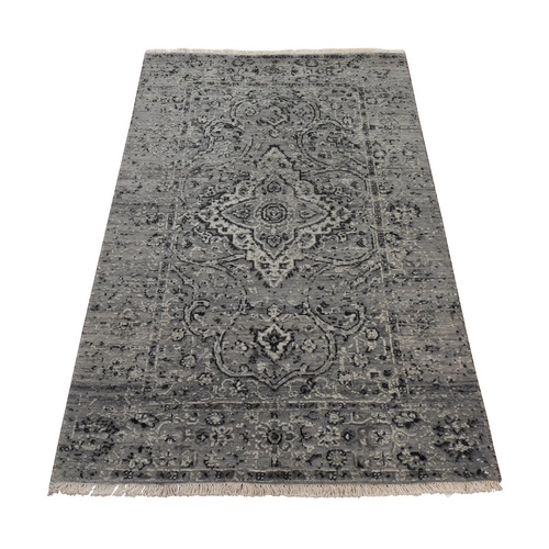 Pewter Gray, Erased Persian Design, Silk with Textured Wool, Hand Knotted, Oriental 