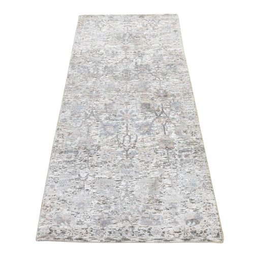 Cream White, Tabriz Vase and Pomegranate Design, Pure Silk, Hand Knotted, Runner, Oriental Rug