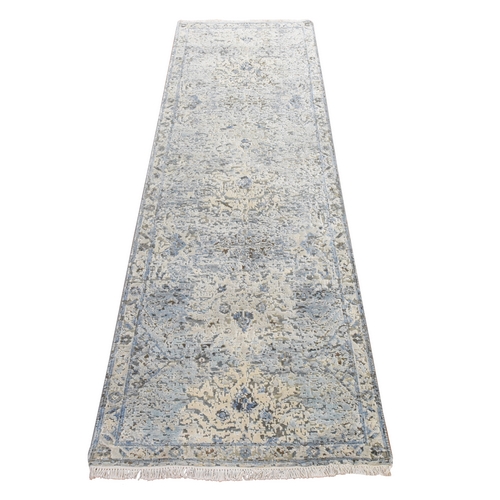 Ivory and Blue, Oushak Design, Distressed, Pure Silk with Textured Wool, Hand Knotted, Runner, Oriental 