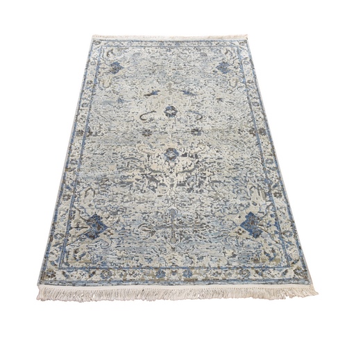 Ivory and Blue, Oushak Design, Distressed, Pure Silk with Textured Wool, Hand Knotted, Oriental 