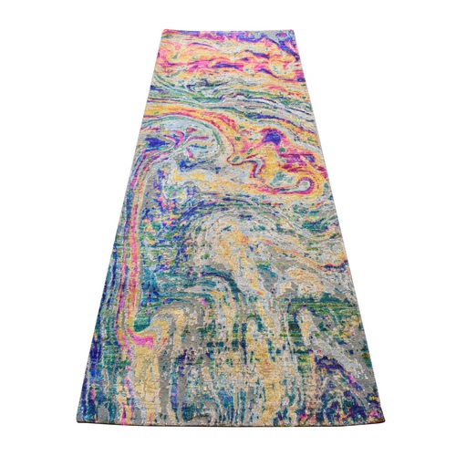 Colorful, The Lava Design, Sari Silk with Textured Wool, Hand Knotted, Runner, Oriental 