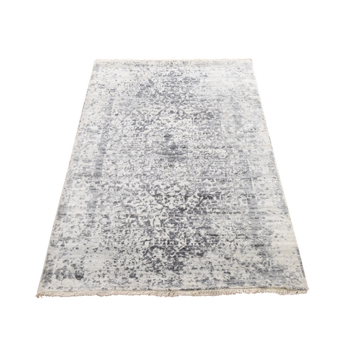 Silver Gray, Broken and Erased Persian Design, Wool and Pure Silk, Hand Knotted, Oriental 