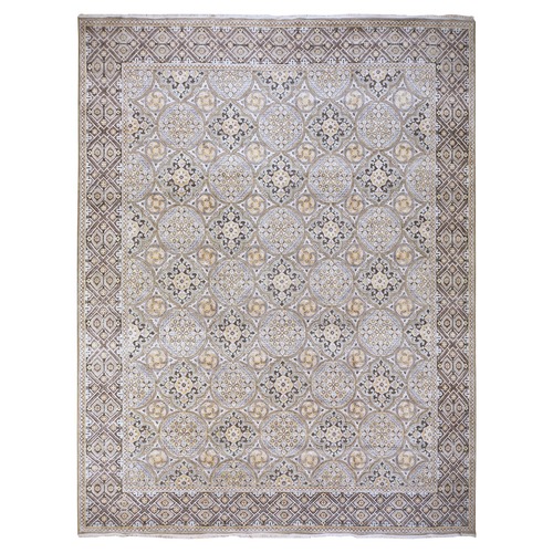 Reseda Green, Mughal Inspired Medallions Design, Silk with Textured Wool, Hand Knotted, Oversized, XL, Oriental 