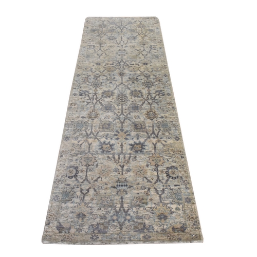 Cream White, Tabriz Vase and Pomegranate Design, Pure Silk, Hand Knotted, Runner, Oriental 
