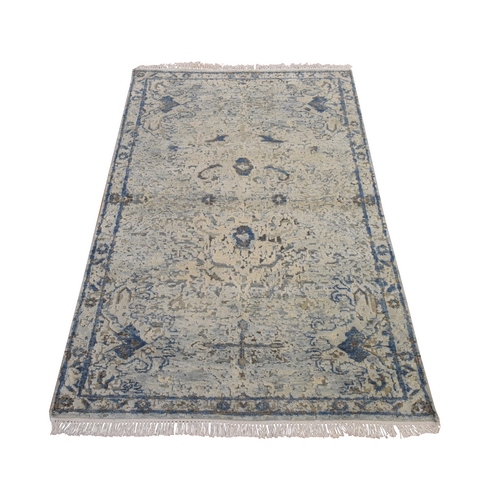 Ivory and Blue, Oushak Design, Distressed, Hand Knotted, Pure Silk with Textured Wool, Oriental Rug
