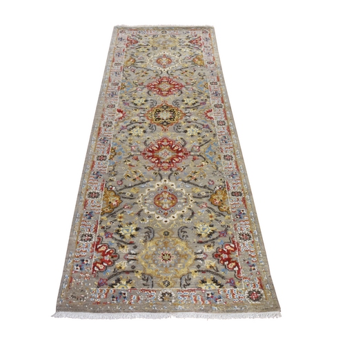 Biscotti Beige, THE SUNSET ROSETTES, Wool and Pure Silk, Hand Knotted, Runner, Oriental 