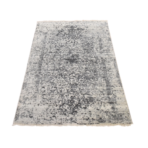 Silver Gray, Broken Persian Design, Wool and Pure Silk, Hand Knotted, Oriental 