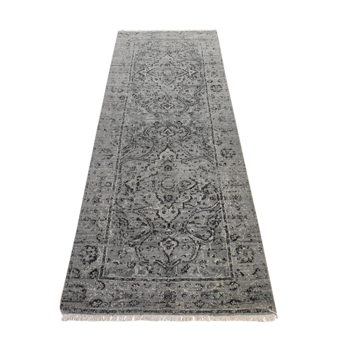 Nickel Gray, Broken and Erased Persian Design, Silk with Textured Wool, Hand Knotted, Runner, Oriental 