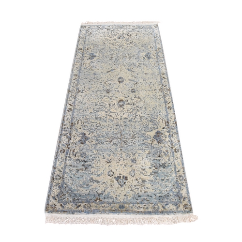 Ivory and Blue, Oushak Design, Distressed, Hand Knotted, Pure Silk with Textured Wool, Runner, Oriental 