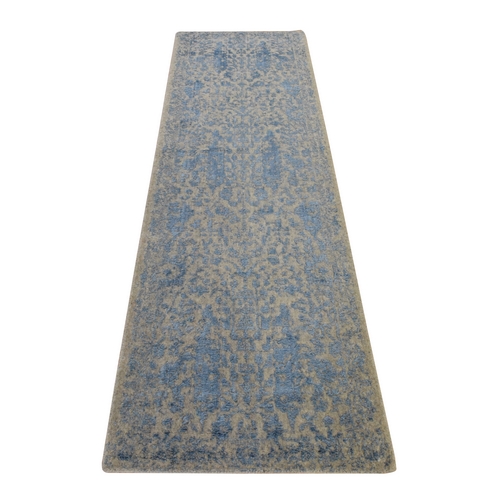 Beau Blue, Broken Cypress Tree Design, Wool and Art Silk, Hand Loomed, Thick and Plush, Runner, Oriental Rug