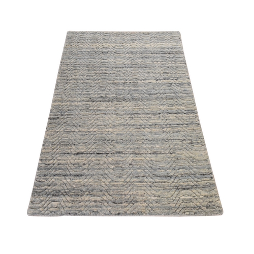 Ice Blue, Hand Loomed, Variegated Textured Design, Natural Wool, Transitional, Oriental Rug