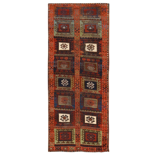 Burnt Orange, Antique Kurdish Anatolian with Geometric Design, Good Condition, Some Wear, Soft and Shiny Wool, Vegetable Dyes, Hand Knotted, Wide Runner, Oriental 