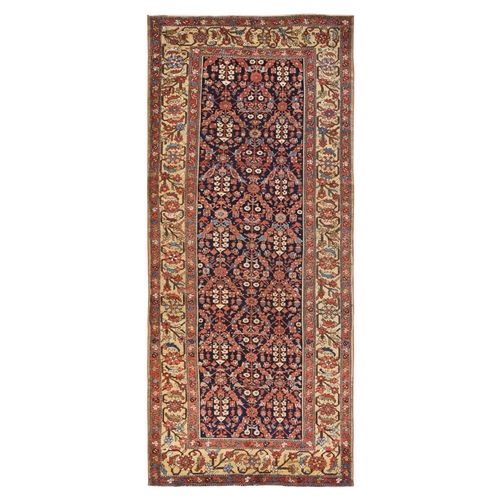 Navy Blue, Antique Persian Malayer with Geometric Flower Design & Unique Gold Border, Long and Narrow, Hand Knotted, Natural Wool, Wide Runner, Oriental 