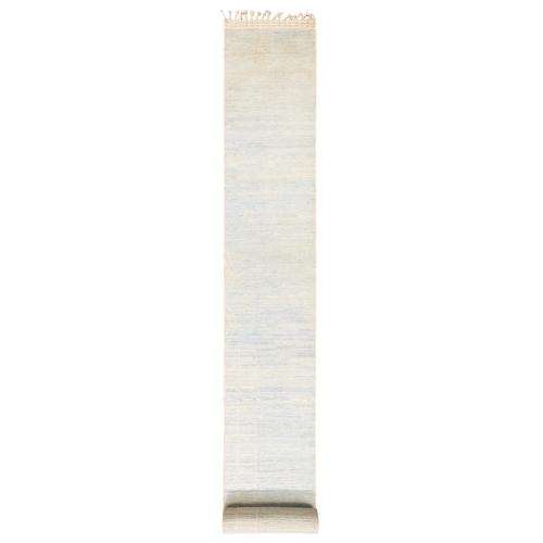 Pearl White, Moroccan Weave with Grid Design, Hand Knotted, Tone on Tone, Textured Pile, Undyed Natural Wool, Extra Long and Narrow Runner, Oriental 