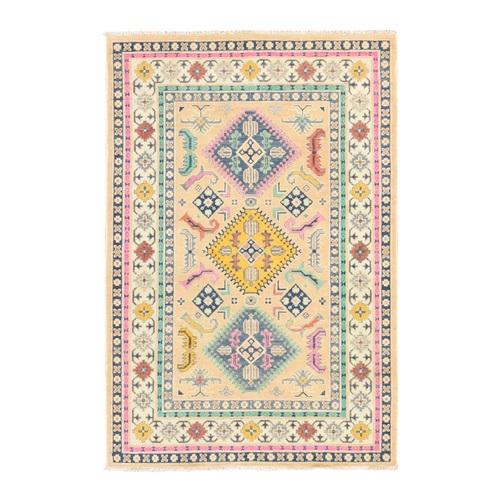 Light Salmon Pink, Fusion Kazak with Geometric Medallions, Hand Knotted, Pure Wool, Oriental 